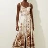 Viscose Linen Scenic Placed Print Strappy Woven Midi Dress
