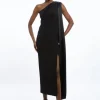 Viscose Satin Back Crepe Tailored One Shoulder Cape Maxi Dress