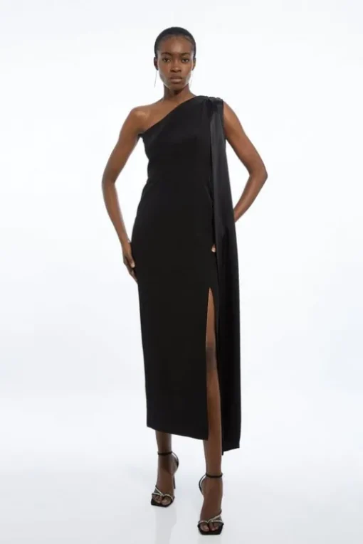 Viscose Satin Back Crepe Tailored One Shoulder Cape Maxi Dress
