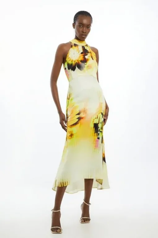 Viscose Satin Tie Dye Floral Halter Midi Dress