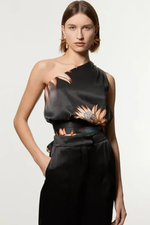 Viscose Satin Tie Waist One Shoulder Blouse