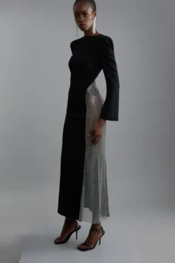 Viscose Woven Panelled Crystal Mesh Maxi Dress