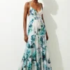 Watercolor Cotton Voile Plunge Strappy Woven Maxi Dress