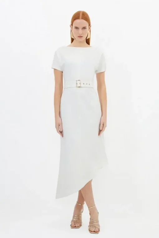 Waterfall Hem Belted Short Sleeve Ponte Jersey Midi Dress