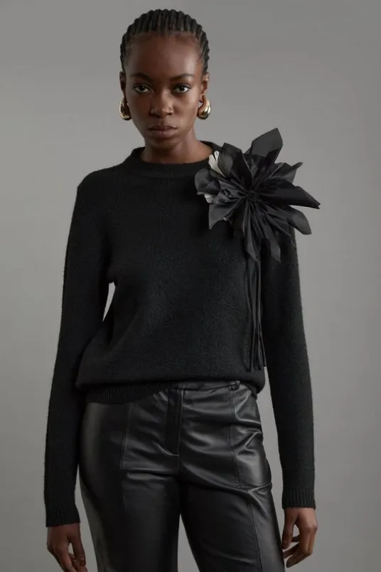 Wool Blend Cosy Knit Floral Applique Sweater