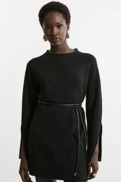 Wool Blend Cosy Tunic With Pu Belt Trim