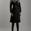 Wool Blend Crystal Embellished Notch Neck Belted Midi Coat