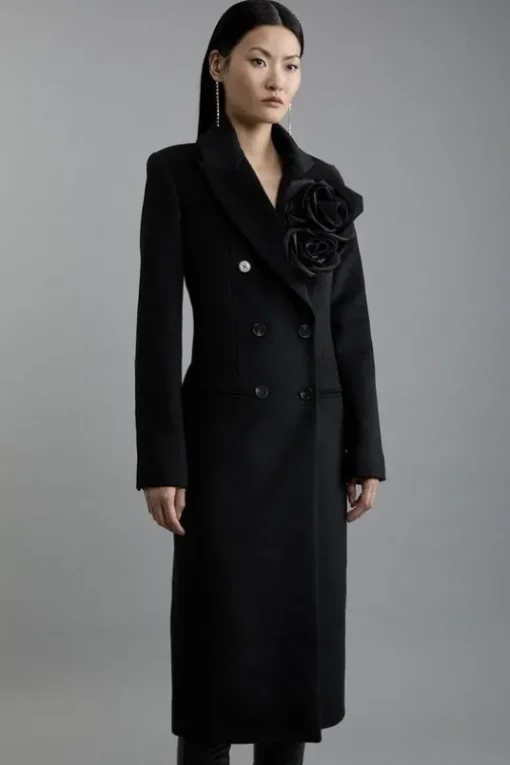 Wool Blend Detachable Rosette Detailed Double Breasted Tailored Maxi Coat