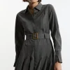 Wool Blend Pleated Tailored Belted Maxi Shirt Dress