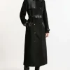 Wool Blend Pu Trim Belted Tailored Midi Coat