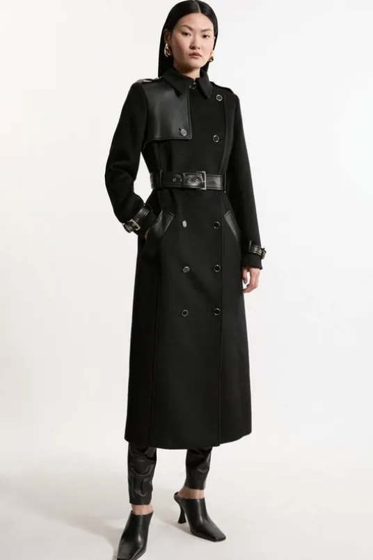 Wool Blend Pu Trim Belted Tailored Midi Coat