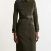 Wool Blend Pu Trim Belted Tailored Midi Coat