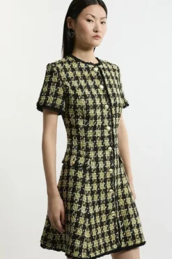 Wool Mix Boucle Check Tailored Mini Dress