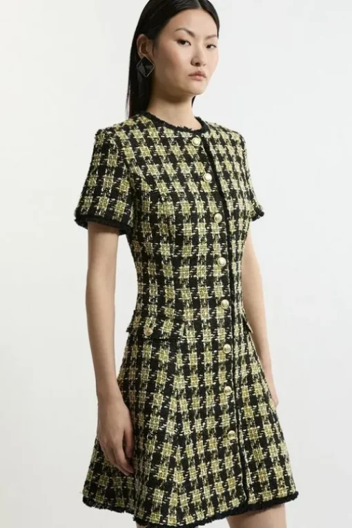 Wool Mix Boucle Check Tailored Mini Dress