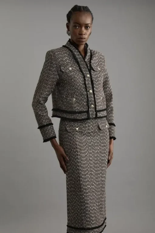 Wool Mix Boucle Tweed Tailored Maxi Skirt