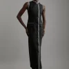 Wool Mix Contrast Check Sleeveless Tailored Maxi Dress